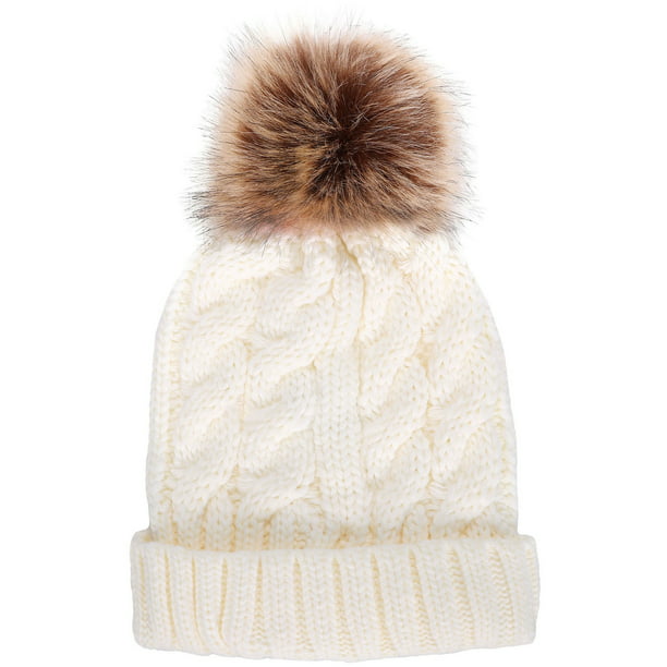 Khombu Womens Cold Weather Purl Knit Beanie with Natural Faux Fur Pom Pom 